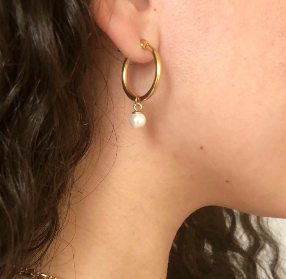 Minimal Gold Hoop Pearl Earrings