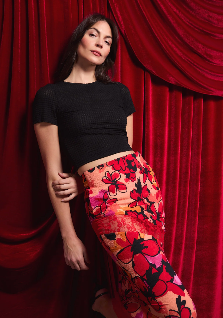Floral Crepe and Lace Skirt